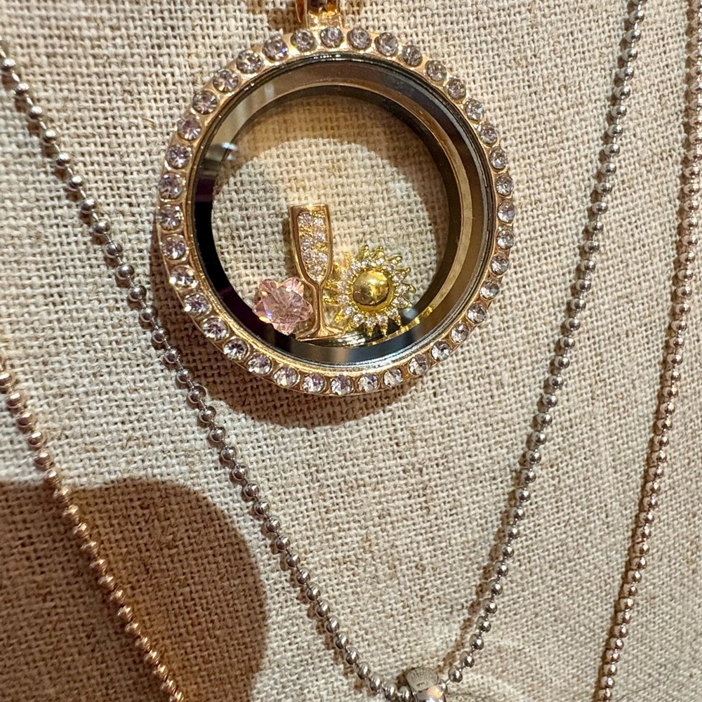 Gold Floating Locket Necklace with Pink Crystal, Sun and Champagne Glass Charms